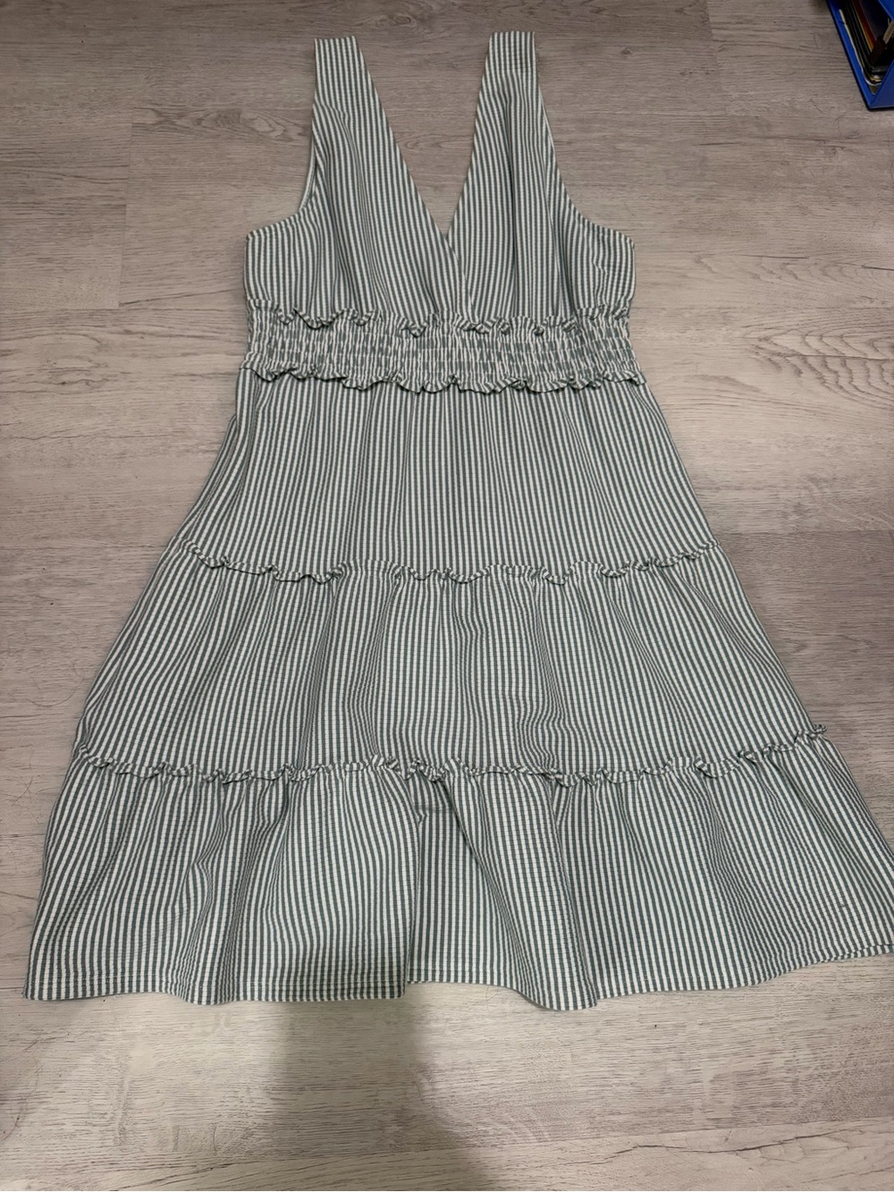 American Eagle Outfitters Striped V-Neck Tiered Midi Dress in Green and White